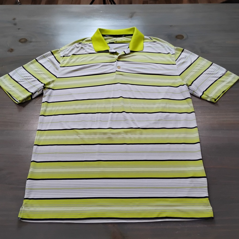 Nike Golf Tour Performance Polo Mens M Yellow Gray Stripes Dri-Fit Gray Swoosh